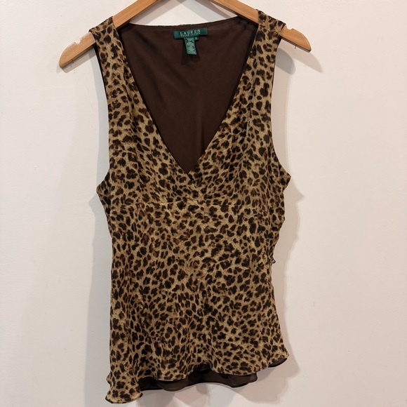 Lauren Ralph Lauren Silk Belted Animal Print Sleeveless V-Neck Tank Top Size 14 - Picture 2 of 6